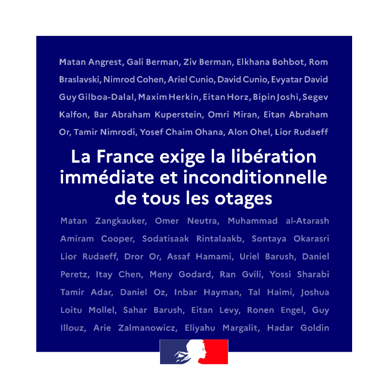 francediplo's tweet photo. En ce 7 octobre, la France exige la libération immédiate et inconditionnelle de tous les otages. 

@jnbarrot @FranceJerusalem @franceenisrael