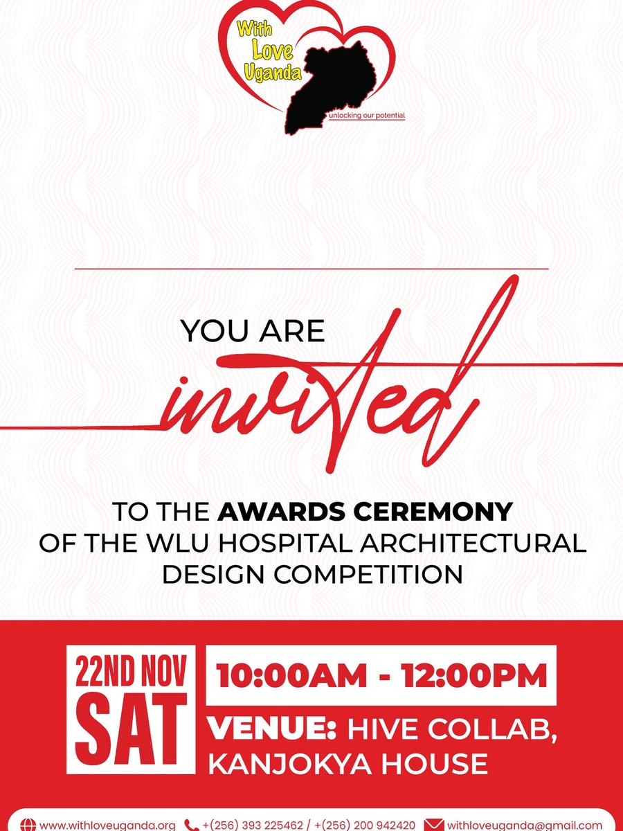 WLUganda's tweet photo. 🔊SAVE THE DATE!

The winner takes it all at the Awards Ceremony of our Hospital Architectural #Design #Competition 2025! 

With hundreds of #architects and #creative minds in the race, we are set to unveil the winning design!

Join us on 22nd November at Hive Collab, Kanjokya House!