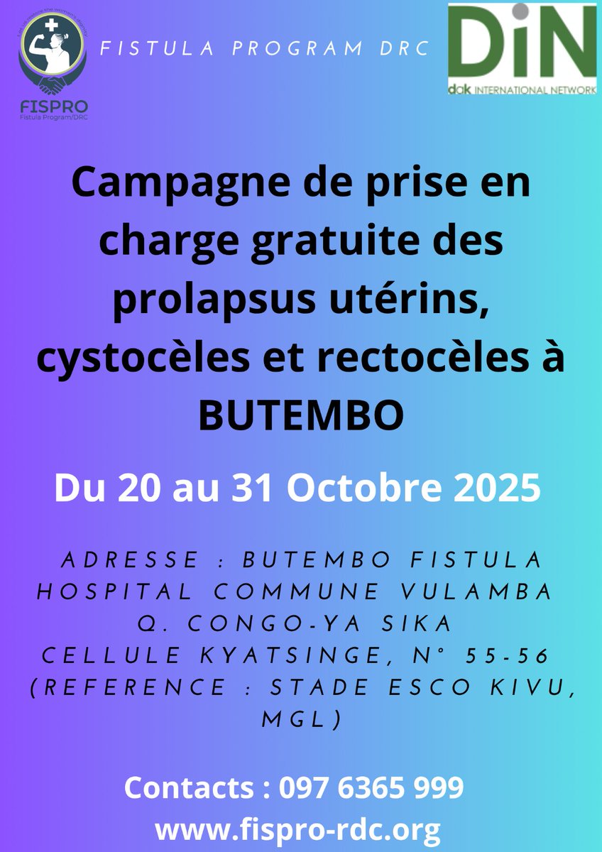 Début de la campagne de réparation des organes pelviens le 20 Octobre 2015 à Butembo Fistula Hospital.

Cette campagne concerne les femmes souffrant de cette maladie qui touche les organes génitaux féminins.

Il est à noter que la prise en charge de cette maladie est gratuite.