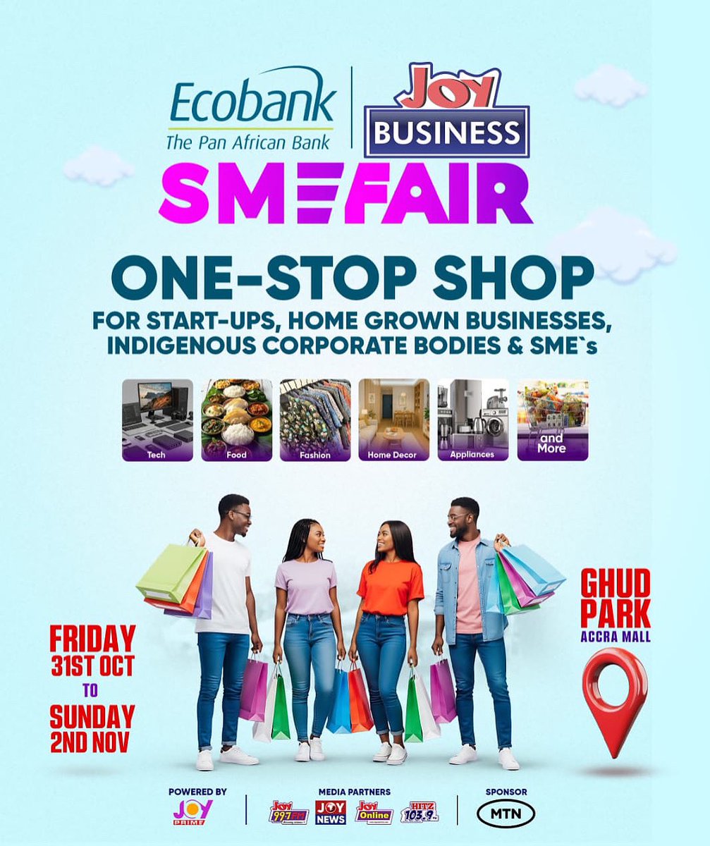 Are you an entrepreneur? Shine at the Ecobank JoyNews SME Fair from October 31 to November 2. Showcase your products or services to a wider audience at Ghud Park, Accra Mall.

#EcobankJoyBusinessSMEFair | #SMEFair2025