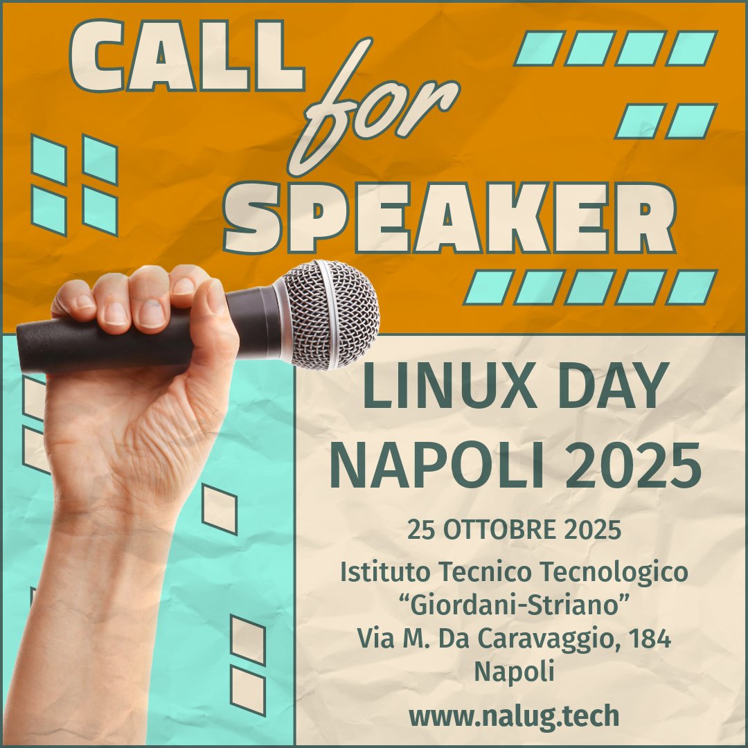 È aperta la #callForSpeaker per il #LinuxDayNapoli che si terrà il 25 ottobre presso l'ITT Giordani-Striano. Tutte le info qui nalug.tech/linux-day-napo…
#linuxday #LDNA25 #opensource #FLOSS
