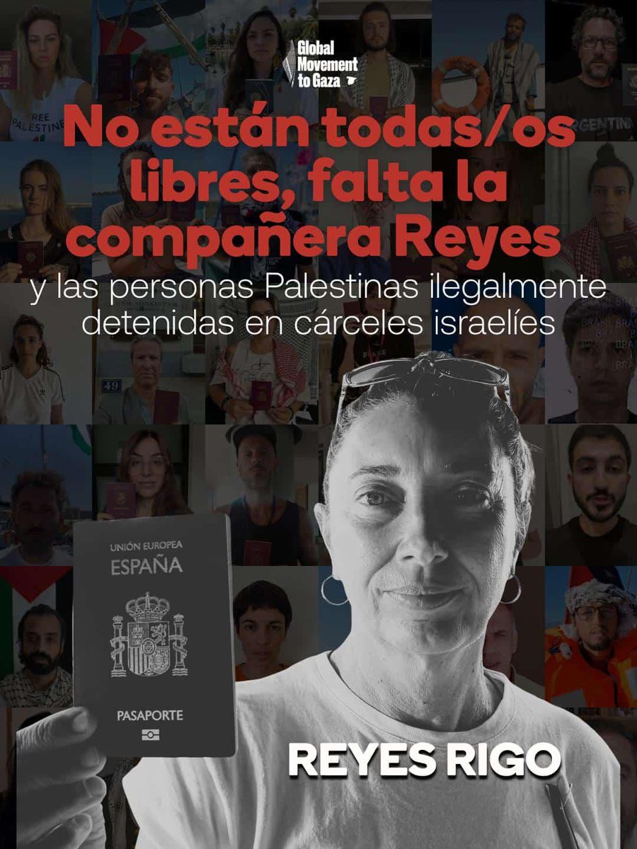 PintoPalestina's tweet photo. ISRAEL mantiene SECUESTRADA a la española REYES RIGO

No están todxs liberados. 

Falta la compañera Reyes, secuestrada en Israel, ademas de las personas palestinas detenidas ilegalmente en prisiones de Israel
#detenidosilegales
#DerechosHumanos
 #SolidaridadInternacional https://t.co/hN2hPEiYRb
