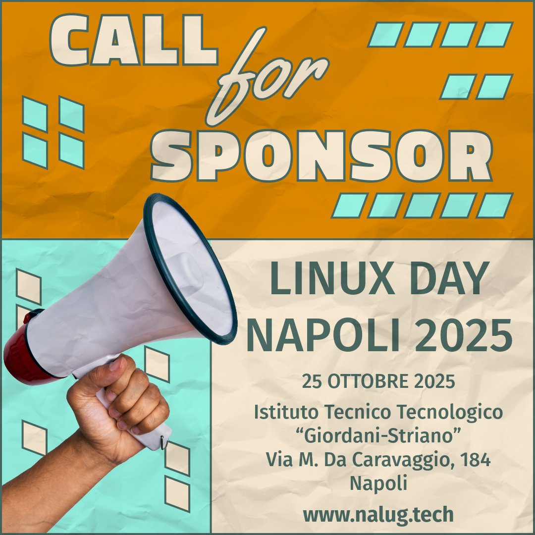 La tua azienda vorrebbe sponsorizzare un evento dedicato al mondo #opensource? È aperta la #callForSponsor per il #LinuxDayNapoli! 
Tutte le info qui nalug.tech/linux-day-napo…
#linuxday #LDNA25 #opensource #FLOSS