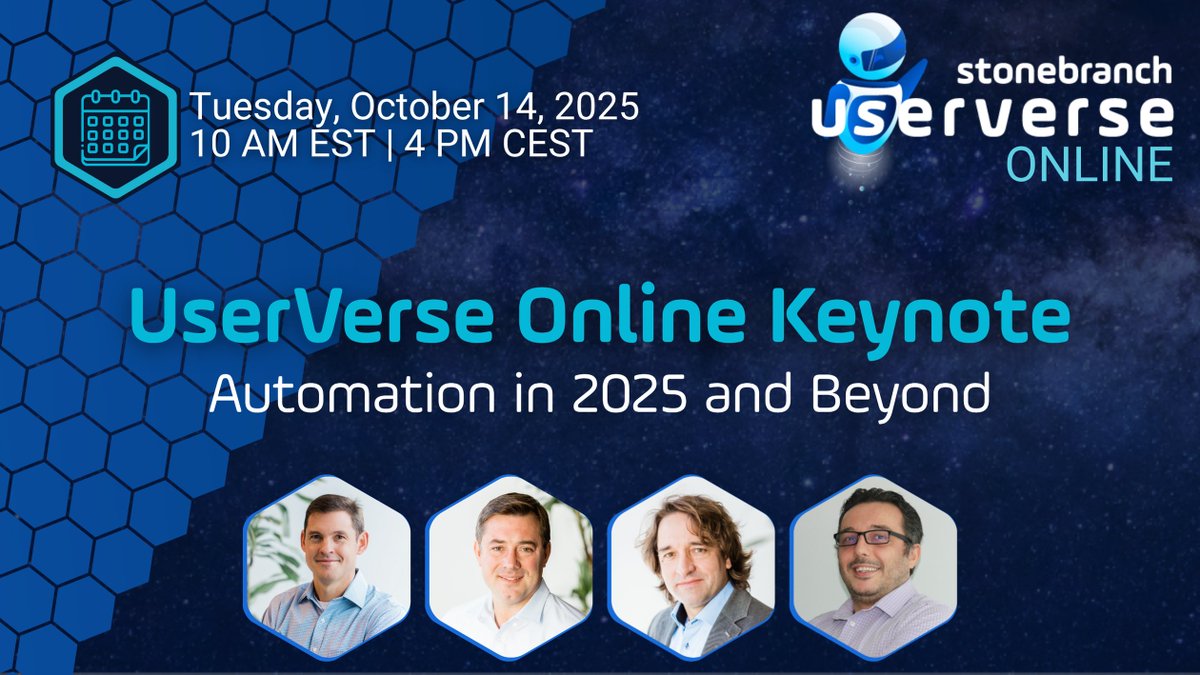 Stonebranch's tweet image. 📢 Register Now! 📢
🚀 Stonebranch UserVerse Online Keynote | Automation in 2025 and Beyond
📅 October 14 | ⏰ 10 AM EST / 4 PM CEST
hubs.ly/Q03LBpS00
#Stonebranch #ITAutomation #HybridIT #AI #UAC #UserVerse #Automation #TechEvents