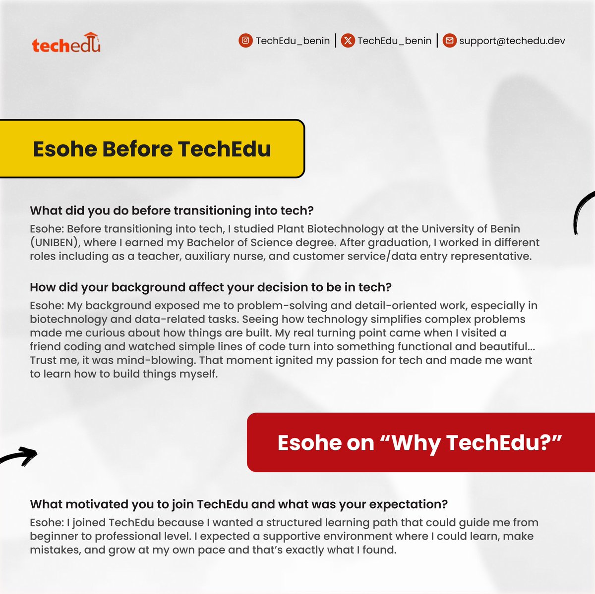 techedu_benin's tweet image. Esohe has barely traveled a third of her journey with TechEdu but she no longer just admires websites, she’s builds them.🚀

Swipe the frames to read more about her journey so far.

#TechEdu #TechAcademyinBeninCity #explore #explorepage #BeninCity