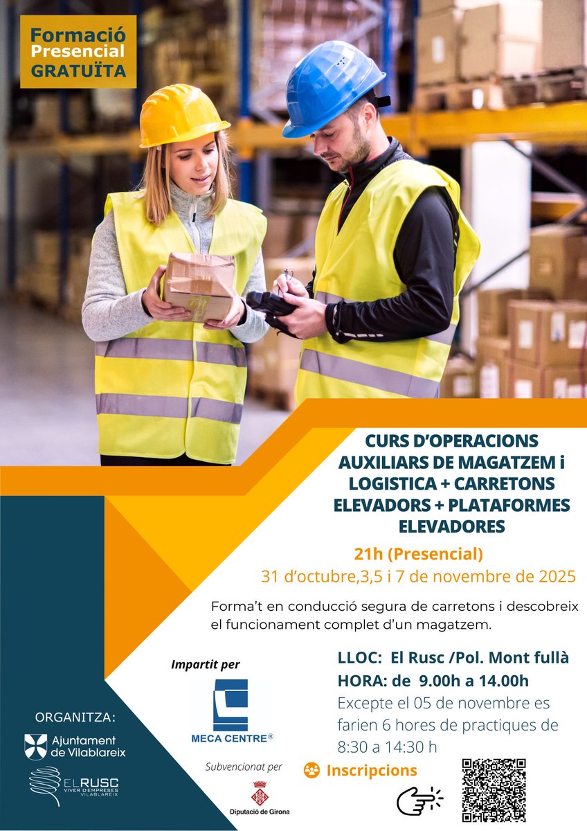 Nova oferta formativa gratuïta a Vilablareix!
🔹 Curs d’Operacions Auxiliars de Magatzem i Logística + Carretons Elevadors
📅 31 d'octubre, 3,5 i 7 de novembre
🕘 9 a 14 h
📍 El Rusc