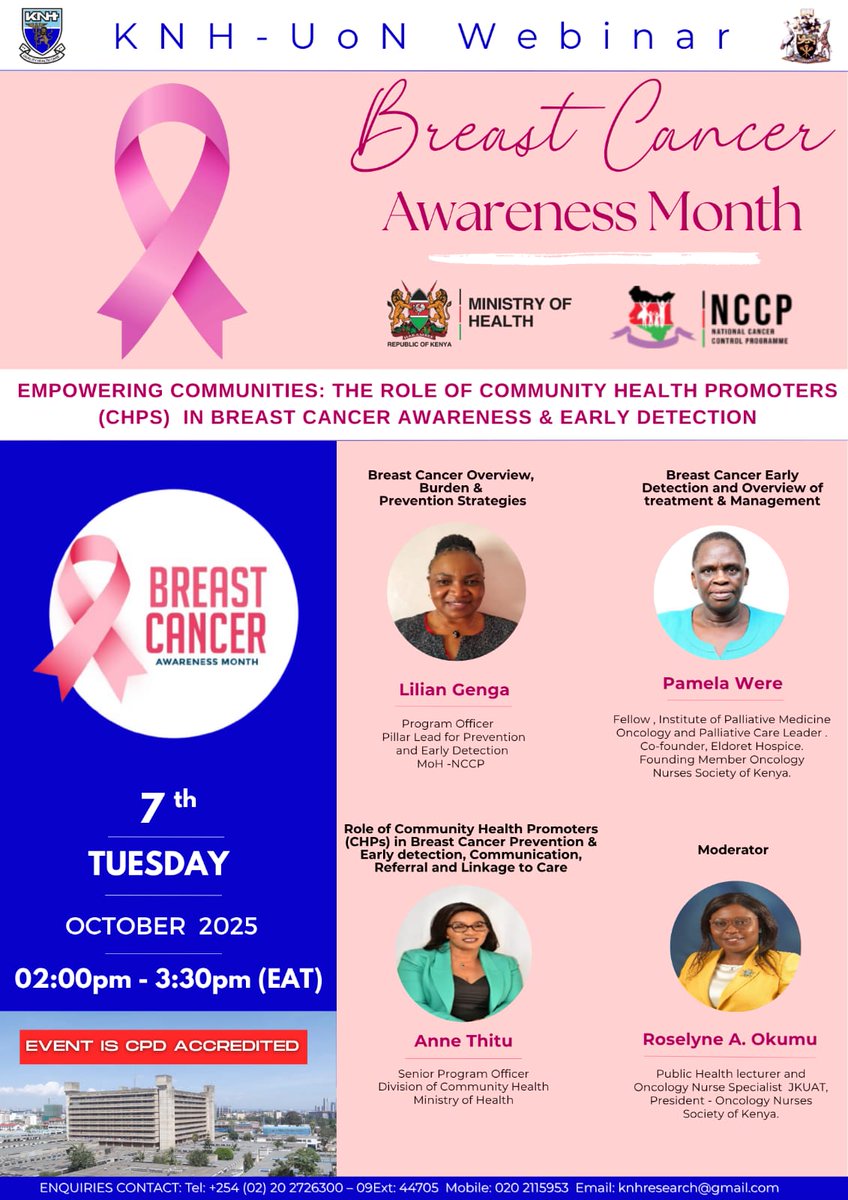 CancerProgramKE's tweet image. Join us today for the first #BCAM2025 webinar: Empowering Communities – The Role of CHPs in Breast Cancer Awareness & Early Detection.
Theme: Beyond Awareness: Personal Action for Breast Health
#ZuiaCancer #AfyaYanguNiJukumuLanguWakatiNiSasaNitapimaMatiti