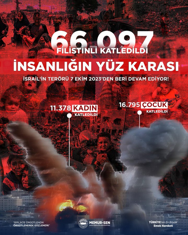 An infographic with a red background showing flames and smoke from explosions in a cityscape at night. Large white text reads 66097 Filistinli Katledildi meaning 66097 Palestinians killed. Below it states İnsaniyetiñ Yüz KarasI meaning shame of humanity. İsrailin Terörü 7 Ekim 2023ten BerI Devam Ediyor meaning Israels terror continues since October 7 2023. Statistics in white: 11738 Kadin 16795 Cocuk Katledildi meaning 11738 women 16795 children killed. Logos of Memur-Sen and Turkiye at the bottom.