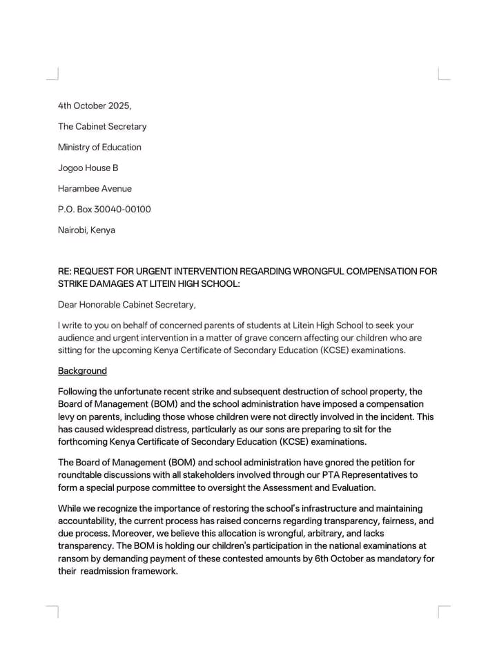 MCKTV2's tweet photo. A concerned parent of a a student at Litein Boy's High School has written a letter to the Cabinet Secretary for Education, seeking transparency and accountability regarding how the valuation and compensation was determined. https://t.co/DhgRnyJPOl