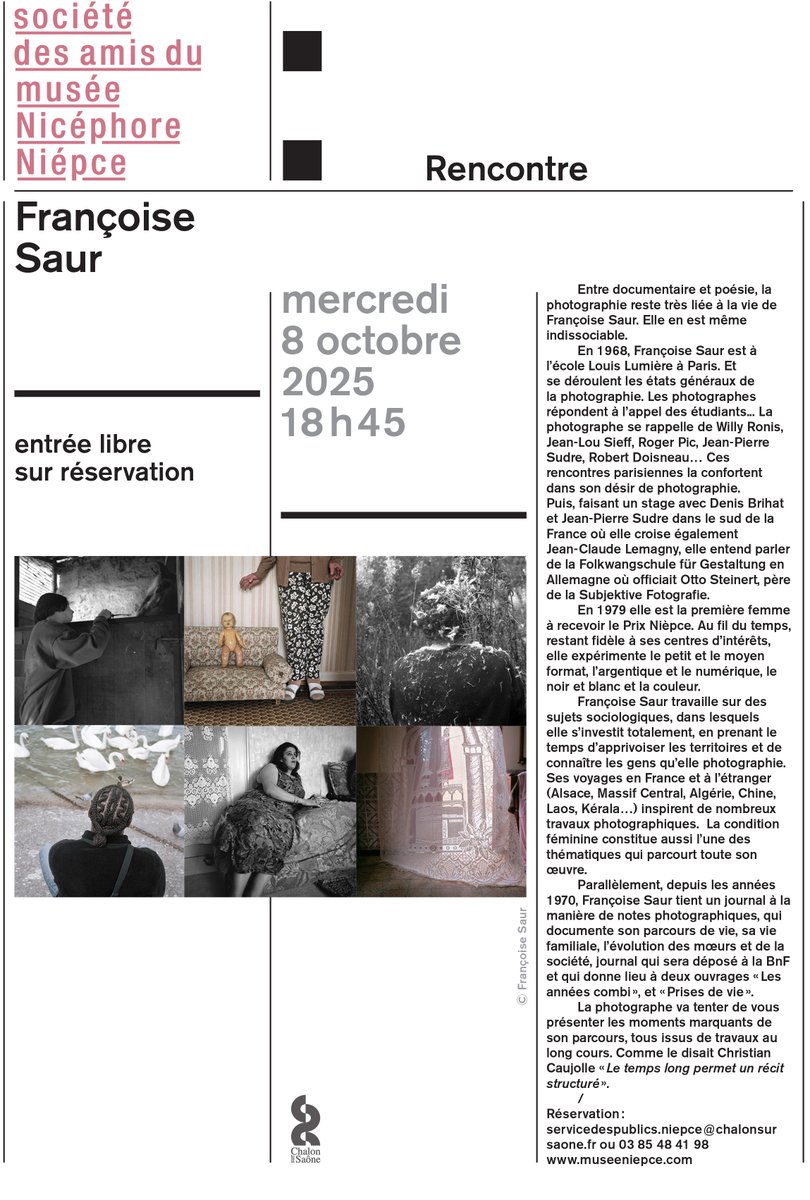 📣<RENCONTRE>
 
Organisée par la Société des amis du musée Nicéphore Niépce

Avec Françoise Saur

👉Mercredi 8 octobre au musée 
🕤à 18h45

 gratuit, sur inscription au 03 85 48 41 98 ou servicedespublics.niepce@chalonsursaone.fr