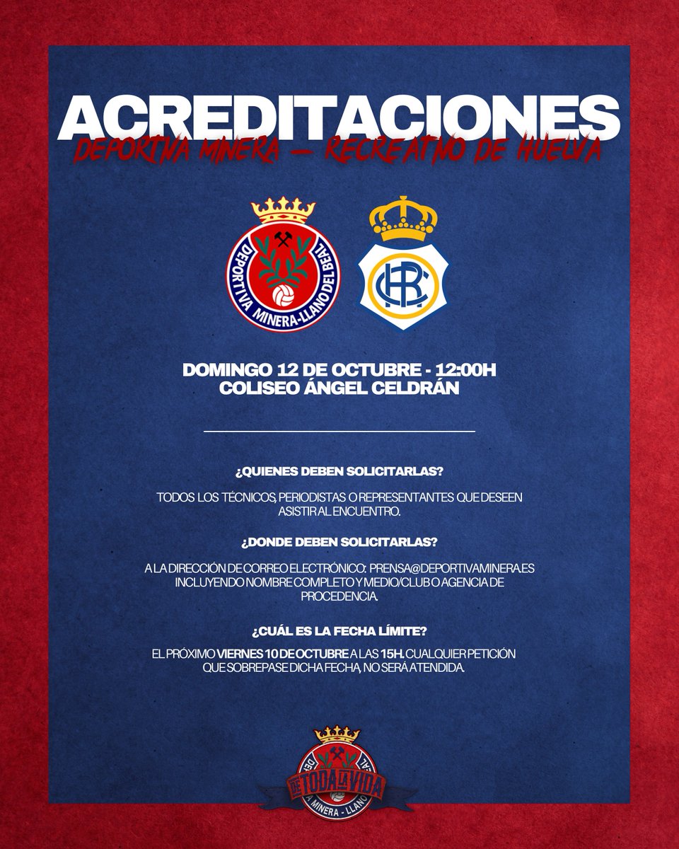 ℹ️ Información sobre acreditaciones para el #DeportivaMineraRecre

📩 prensa@deportivaminera.es
🗓️ Plazo máximo: viernes 10 de octubre a las 15h.

👉🏻 Cualquier petición superado el plazo máximo no será atendida.

#DeTodaLaVida