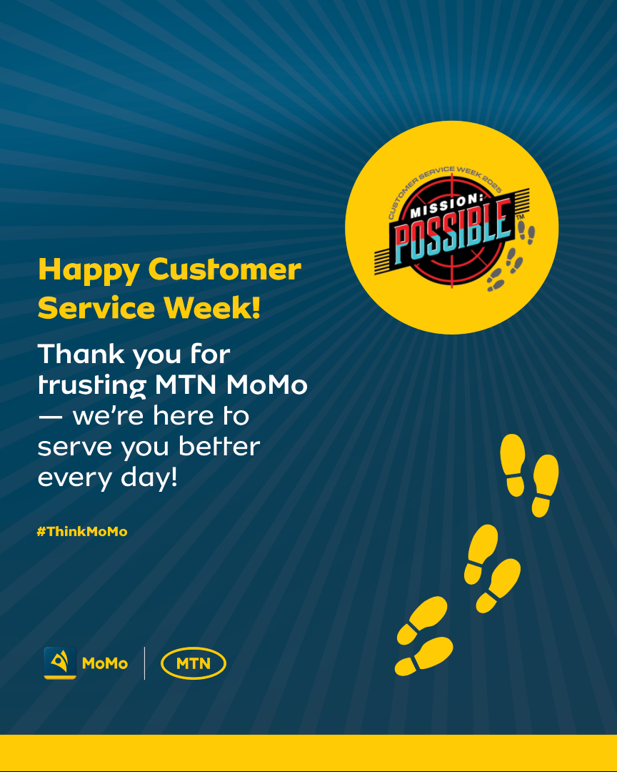 mtnmomosz's tweet photo. 🎉 Happy Customer Service Week from Mobile Money! 🎉
To our amazing customers, thank you for trusting Mobile Money to power your everyday transactions. Whether you're sending money to loved ones, paying bills, or growing your business our team is here to serve you💙. 
#thinkmomo https://t.co/CS4vb4c7qe