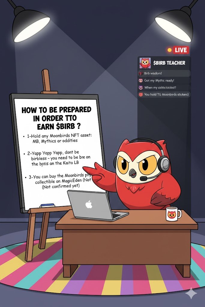 How to prepare to earn $BIRB ? <a href="/moonbirds/">Moonbirds</a> 

1️⃣ Hold any Moonbirds NFT asset : MB, Mythics, or Oddities

2️⃣ Yapp Yapp Yapp : don’t stay “birbless” : you need to be on the Kaito leaderboard 🤖

3️⃣ Possible drop: Moonbirds physical collectible on MagicEden (not confirmed)

4️⃣