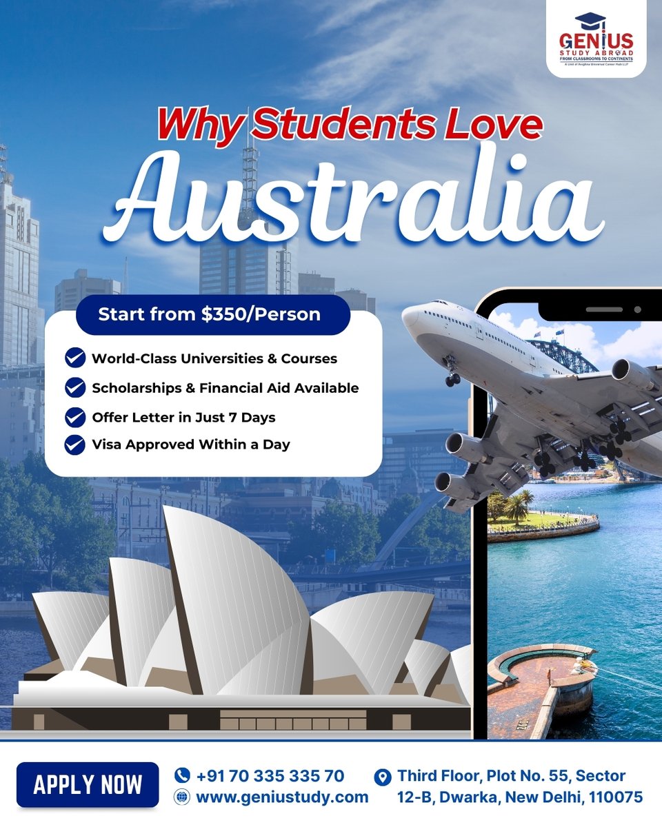 study33990's tweet photo. 👉 Don’t wait! Apply now and turn your study abroad dream into reality.
📍 Visit us at: 12-B, Sector 12, Dwarka, New Delhi
📞 Call: +91 70 335 335 70
🌐 https://t.co/tmQQC0Ntq7
#StudyInAustralia #AbroadEducation #GeniusStudyAbroad #AustralianUniversities #VisaInOneDay https://t.co/aunVxMITI3