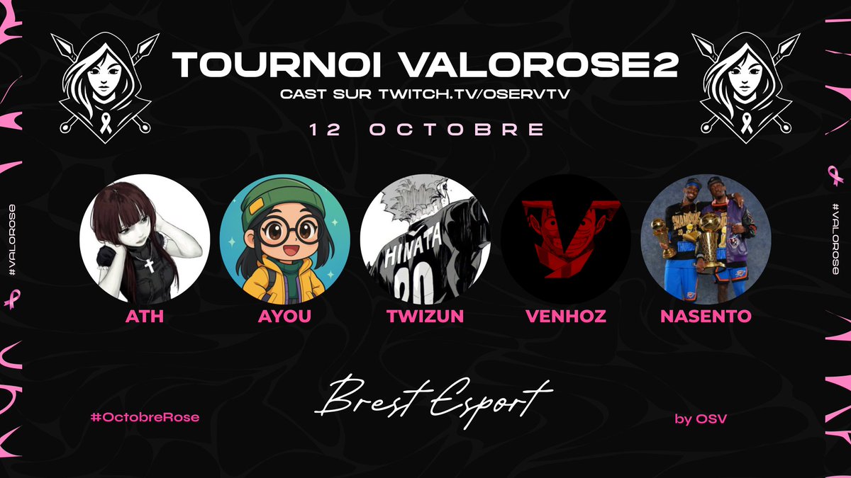 💗 Un jeu, une cause, une équipe engagée.

Brest Esport participera à la 2ᵉ édition du tournoi caritatif #Valorose, organisée par <a href="/OservEsport/">OSV | #OSVWIN 🔴</a>, le 12 octobre 🎀

🎯 Objectif : soutenir #OctobreRose et exploser les 5201,63 € récoltés l’an dernier ! 💪🏼

Voici la line-up qui