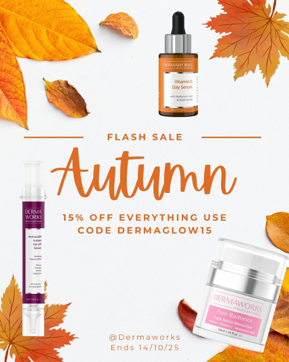 DermaworksUK's tweet photo. 🍂 Autumn Flash Sale Alert! 🍂

Grab your favorites and enjoy 15% OFF for a limited time only! 🛍️✨

Cozy up with seasonal must-haves before the deal disappears!

✅ Shop now &amp; save: https://t.co/z71TQbFL6J

#AutumnSale #FlashSale #ShopNow #FallFavorites https://t.co/tYut5pZF5P