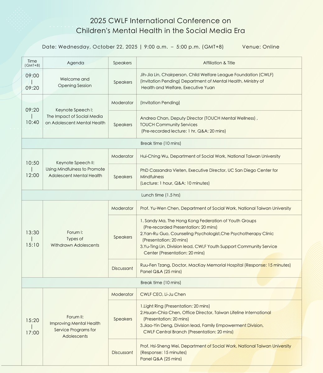 Invitation to the 2025 International Conference Series on Adolescent Mental Health_CWLF(Taiwan)
10月22日15:20– ソーシャルメディア時代の子どものメンタルヘルスに関する国際会議　香港、台湾のパートナーとの実践フォーラムに登壇します。