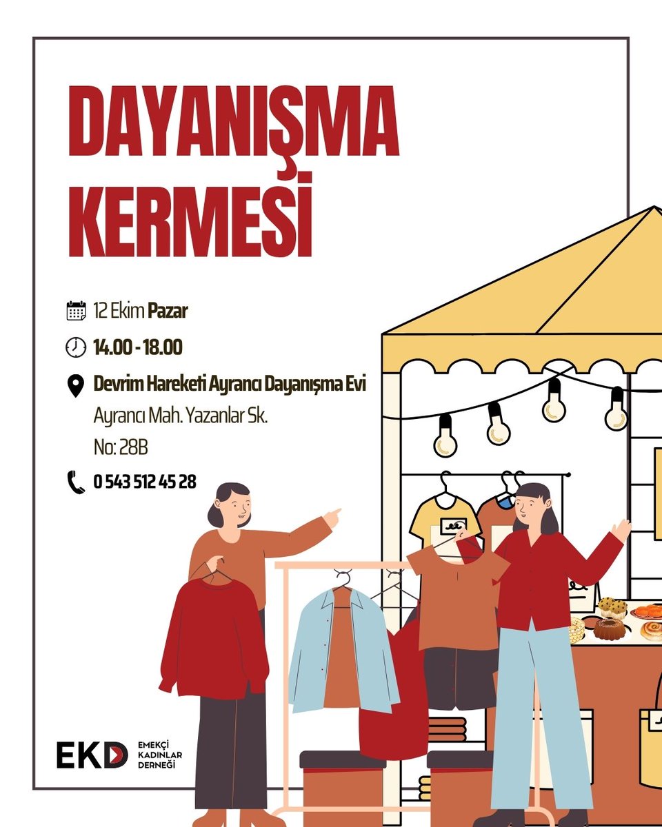📣 12 Ekim Pazar günü “Dayanışma Kermesi”nde buluşuyoruz.

Tüm Ayrancılıları kermese bekliyoruz. 

Tarih: 12 Ekim Pazar
Saat: 14.00 - 18.00
Yer: Devrim Hareketi Ayrancı Dayanışma Evi