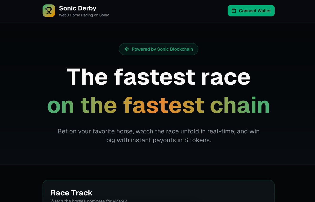 Sonic Derby 홈페이지, 'The fastest race on the fastest chain' 태그라인 표시