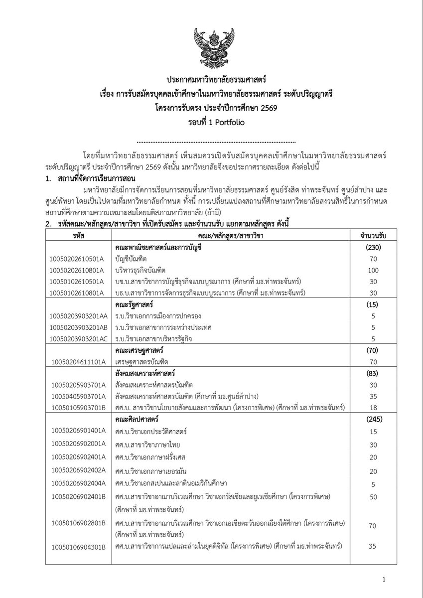 SocialDome's tweet photo. ม.ธรรมศาสตร์ ประกาศ ระเบียบการรับสมัคร ผ่าน #TCAS69 รอบที่ 1 #Portfolio 

เปิดรับ 19 คณะ/วิทยาลัย รวม 2,445 คน
1. คณะพาณิชยศาสตร์และการบัญชี
2. คณะรัฐศาสตร์
3. คณะเศรษฐศาสตร์
4. คณะสังคมสงเคราะห์ศาสตร์
5. คณะศิลปศาสตร์
6. คณะสังคมวิทยาและมานุษยวิทยา
7. คณะวิทยาศาสตร์และเทคโนโลยี
8. คณะวิศวกรรมศาสตร์
9. คณะแพทยศาสตร์
10. คณะสหเวชศาสตร์
11. คณะพยาบาลศาสตร์
12. คณะศิลปกรรมศาสตร์
13. คณะสถาปัตยกรรมศาสตร์และการผังเมือง
14. คณะสาธารณสุขศาสตร์
15. คณะเภสัชศาสตร์
16. คณะวิทยาการเรียนรู้และศึกษาศาสตร์
17. วิทยาลัยนวัตกรรม
18. วิทยาลัยสหวิทยาการ
19. วิทยาลัยพัฒนศาสตร์ป๋วยอึ๊งภากรณ์

รับสมัคร วันที่ 15 ต.ค.68 - 17 พ.ย.68 ที่ https://t.co/KDNtCOHyUt

เพิ่มเติมที่ https://t.co/dzHnlXRSku

#dek69 #เด็กซิ่ว