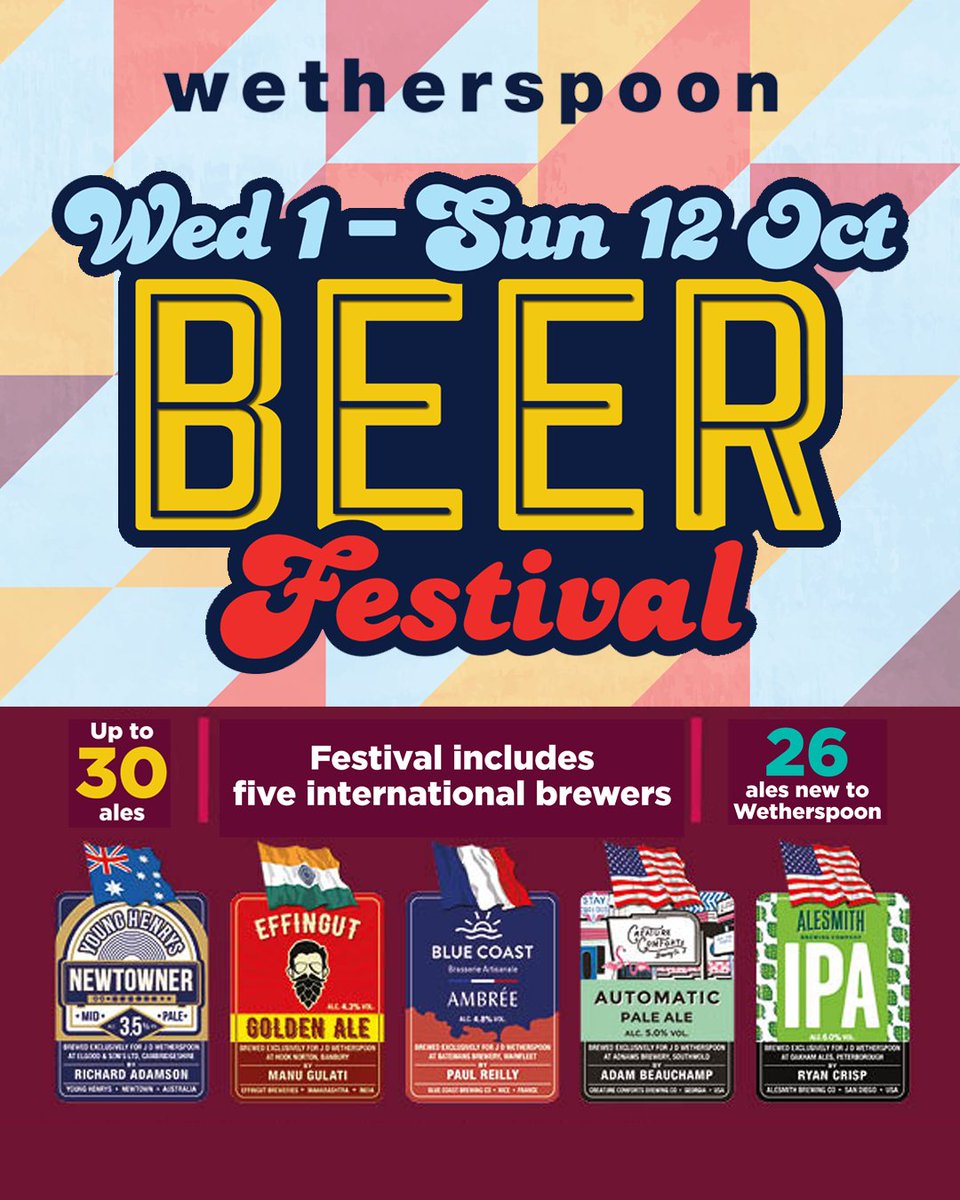 caskaleweek's tweet image. 🍂 The Wetherspoon Autumn Beer Festival is here! 🍺

On now until 12 Oct with 30 real ales, incl. 5 from 🇦🇺🇮🇳🇫🇷🇺🇸 (first ever from India &amp;amp; France!).

🍻 26 new beers
🌱 Vegan-friendly options
🌿 Unique flavours like cucumber, lime &amp;amp; vanilla.

ℹ️jdwetherspoon.com/news/autumn-be…
