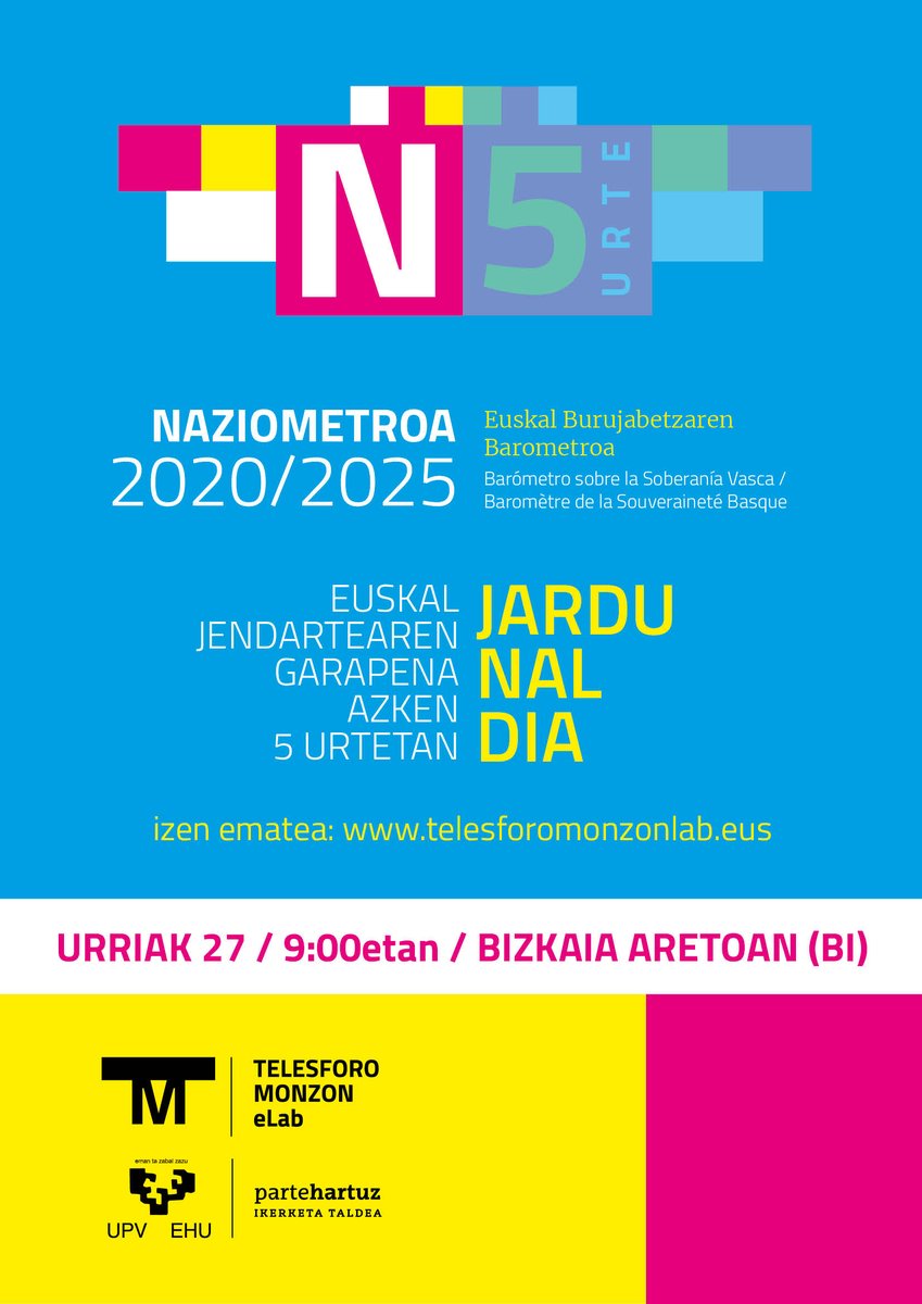 🟡GORDE DATA🟡

NAZIOMETROA 2020/2025

Euskal jendartearen garapena azken 5 urteetan

Urriaren 27an
Bizkaia Aretoan (BI)
9:00etan

Eman izena gure webgunean
telesforomonzonlab.eus