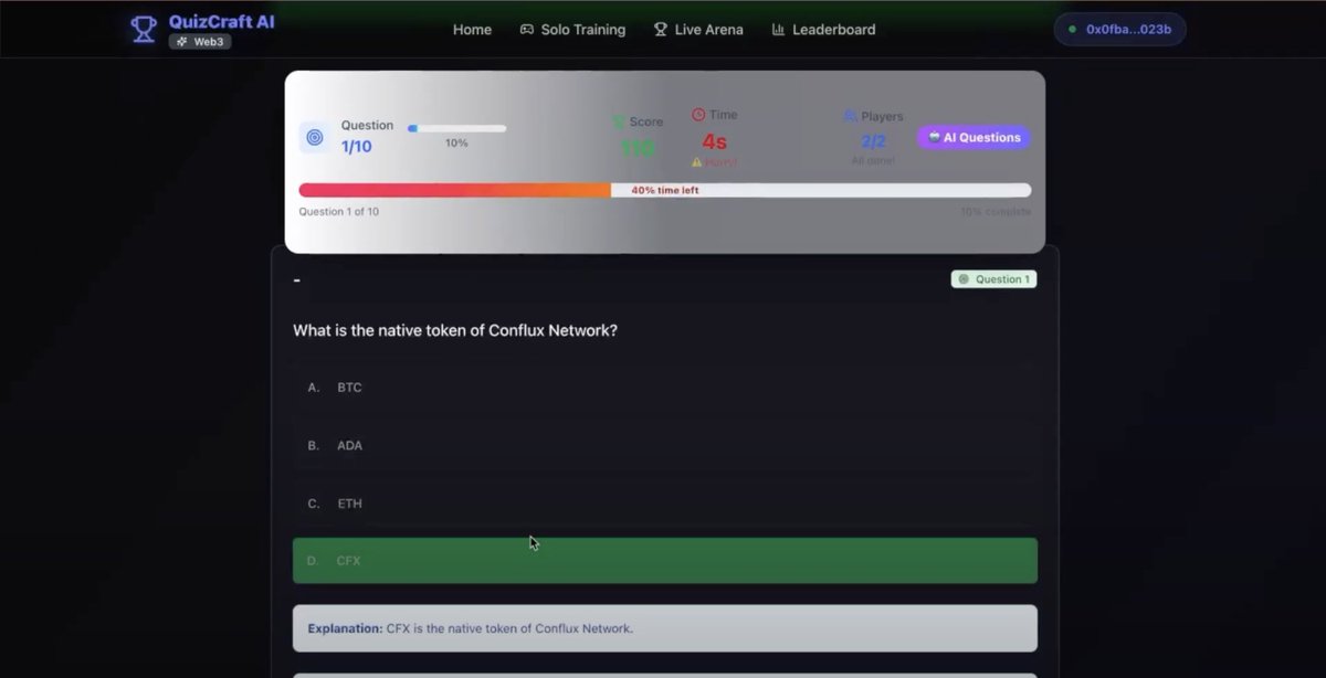 Vikash_8090_b's tweet photo. Won the Conflux Summer Hackfest 2025! 🏆 Built
QuizCraft — AI quizzes + PvP CFX matches. Demo
Video: https://t.co/hEBLtv5je4
Thanks @Conflux_Network for conducting this awesome hackathon.
#Conflux #Hackathon #Web3 #Gaming #AI #QuizCraft #CodeWithoutBorders #Blockchain https://t.co/mLgRd8QLfP