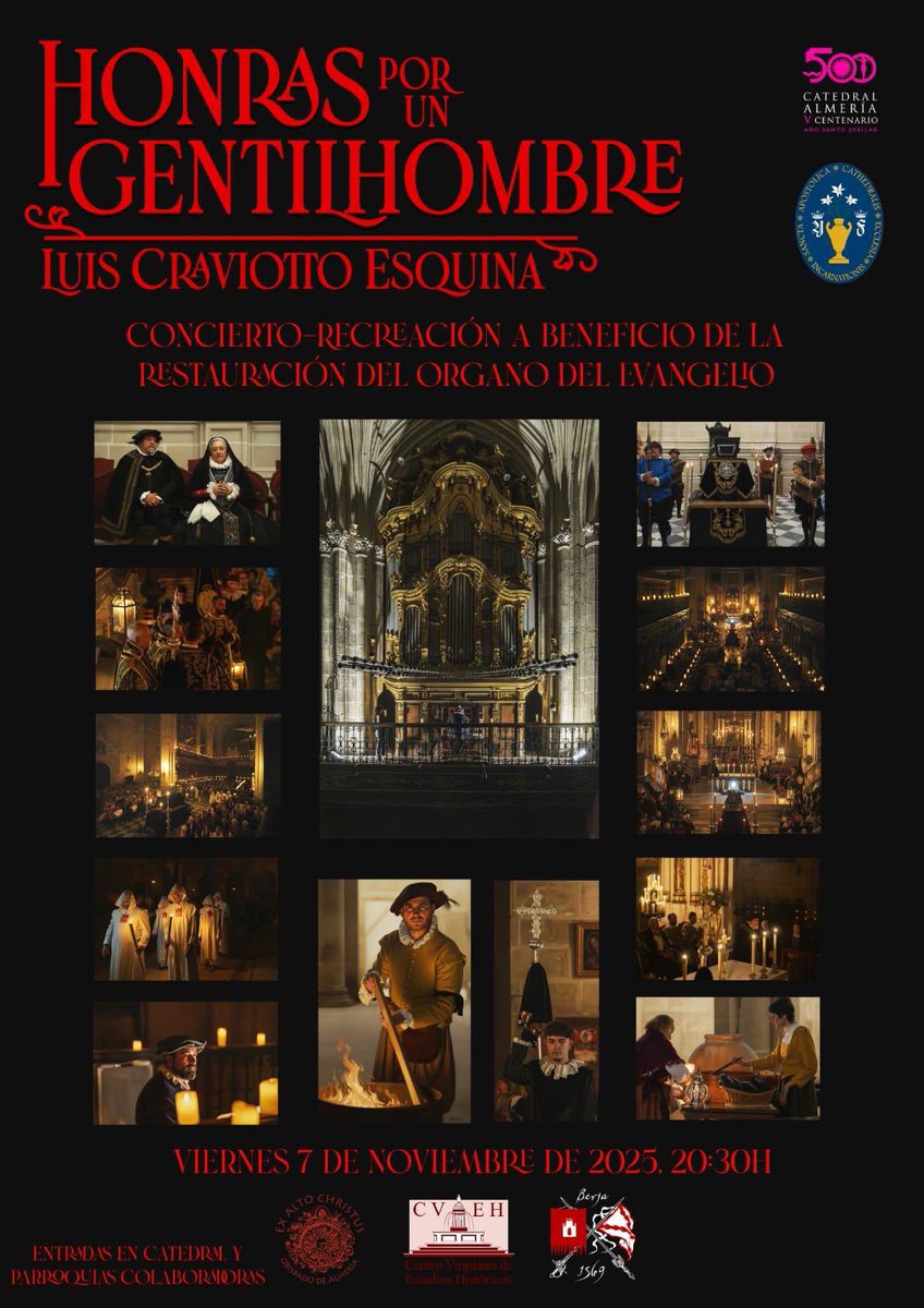 *Concierto Recreación ambientado en el S. XVI, lleva por título “Honras por un gentil hombre”*

🗓️ 7 de noviembre 
📍Catedral de Almería 
🎫 Donativo: 15€

Venta de entradas en la sacristía de la Catedral

#CatedralAlmería