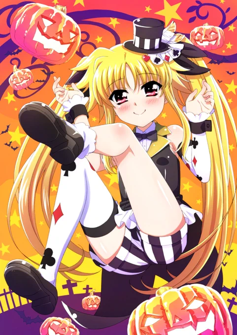センシティブに配慮したとても健全なハロウィンフェイトちゃん あと数日で直近の仕事は片が付きそうなんだけどすやすや絵とハロウィン絵どっちを先に仕上げるか悩む #なのは #nanoha