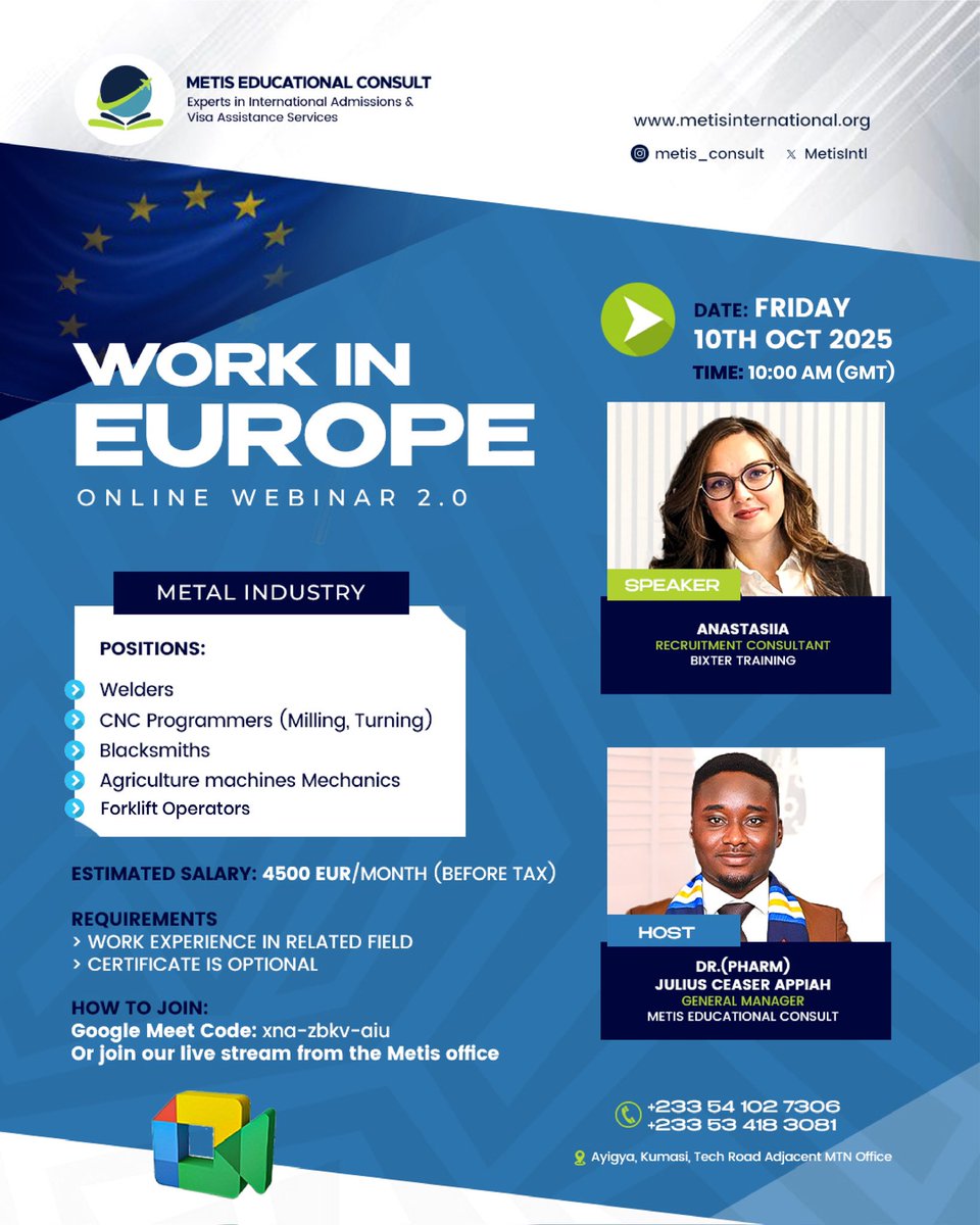 MetisIntl's tweet image. Join us this Friday on Google Meet at 10am for an exciting session about work opportunities in Europe’s metal industry.🇩🇰🇩🇪#scanty #KNUST #KTI