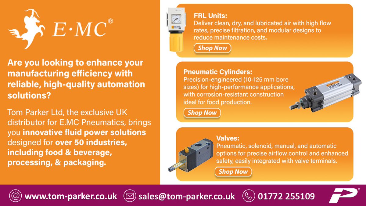 We proudly partner with E.MC Pneumatics, a global leader in fluid power since 1986. Their wide range of valves, FRL units, and precision cylinders ensures seamless integration, durability, and cost-efficiency for manufacturing processes. bit.ly/42TF9oi