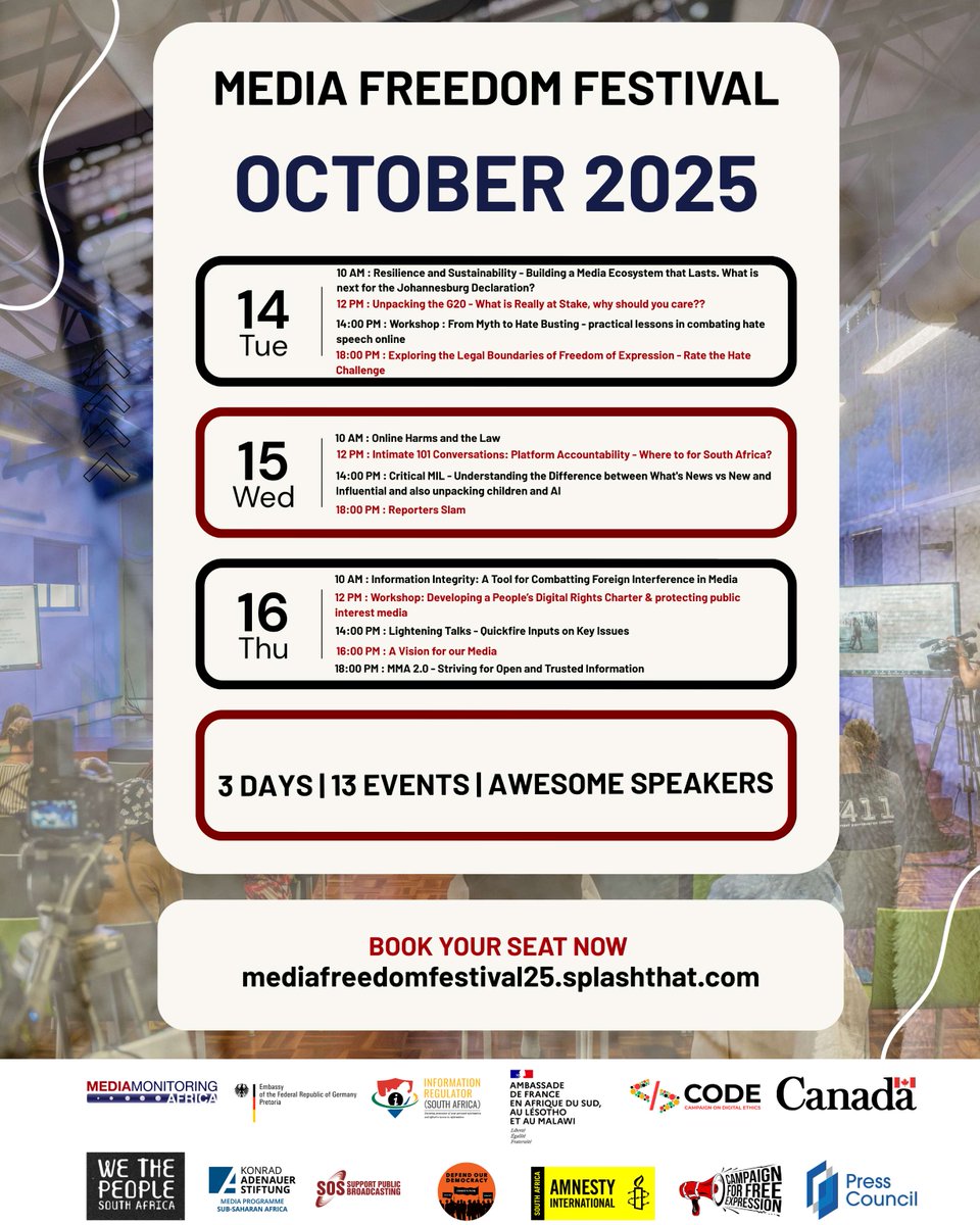MediaMattersZA's tweet image. 🗞️✨ Media Freedom Festival 2025 is here! Resilient Media For A Resilient Democracy: Navigating the Future of Information

📍 Johannesburg | The People&apos;s Theatre
📅 Oct 14–16 
🎤 Panels, performances &amp;amp; powerful conversations. 

🔗 RSVP HERE: ow.ly/Rqif50X5shI…