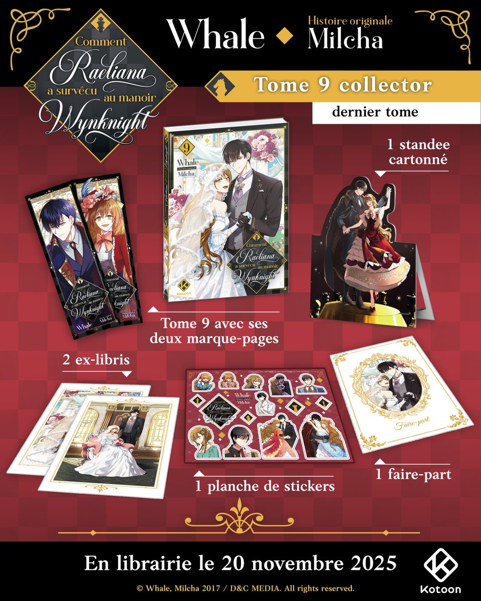 kotoon_editions's tweet image. ♟️ Nous vous avions promis une surprise pour le tome 9 “Comment Raeliana a survécu au manoir Wynknight”… 

Le 20 novembre découvrez la conclusion de la série dans une version collector exceptionnelle !

🌟 N'hésitez pas à le précommander chez votre librairie préféré.
