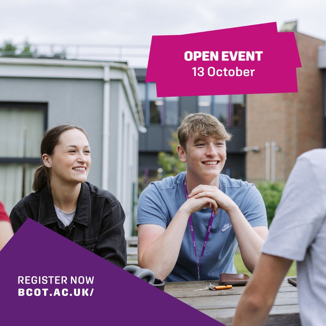 Join us at our first Open Event of the academic year to explore everything BCoT has to offer! 🎉 

Find out more and register now on our website: bcot.ac.uk

We look forward to meeting you soon! 💜 

#BCoT #OpenEvent #NextSteps