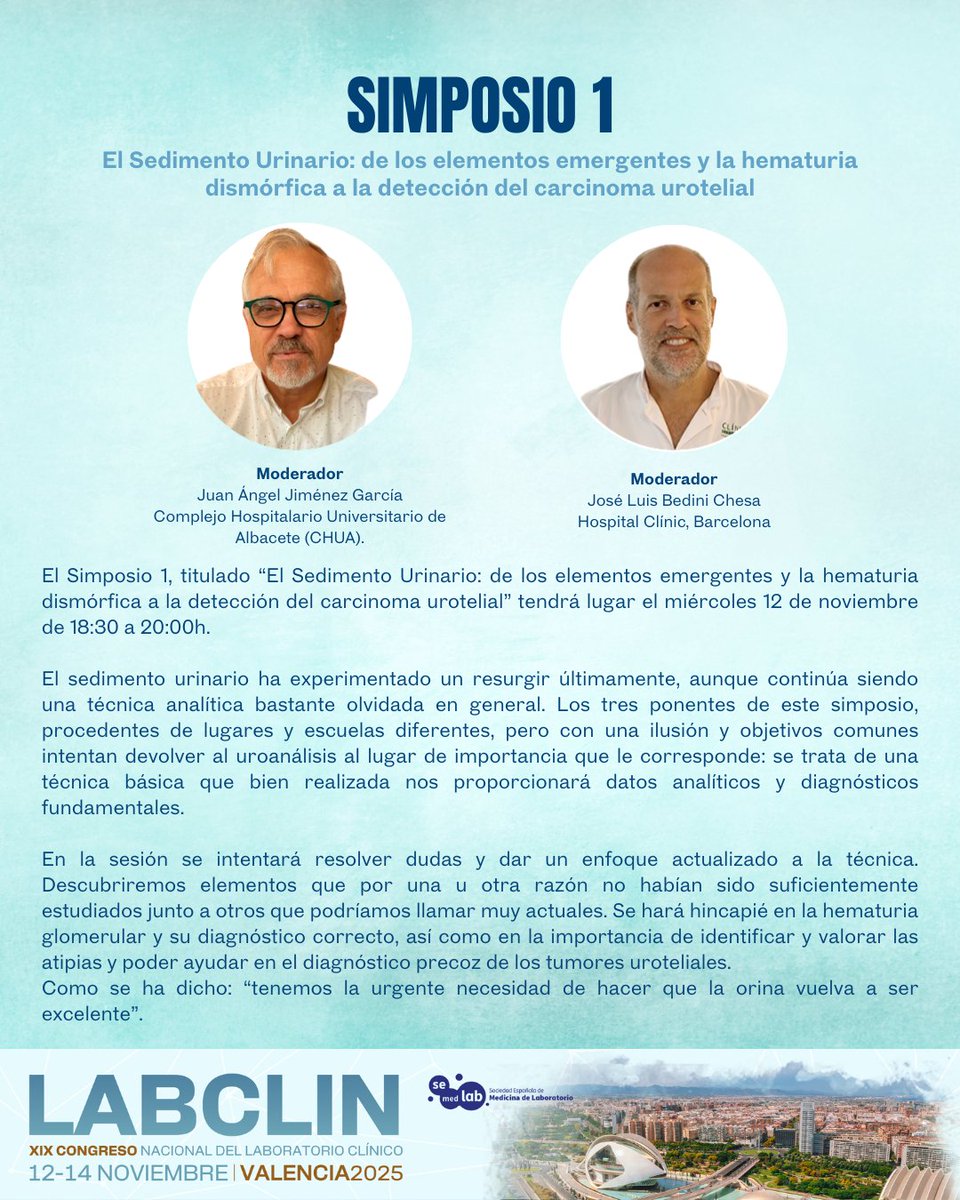 congresolabclin's tweet image. 📣Simposio 1 👉“El Sedimento Urinario: de los elementos emergentes y la hematuria dismórfica a la detección del carcinoma urotelial” 
📍Valencia
📅12-14 noviembre 2025

Organizado por @Semedlab 
🔗labclin2025.es/index.php
#laboratorioclinico #medicinadelaboratorio #labclin2025