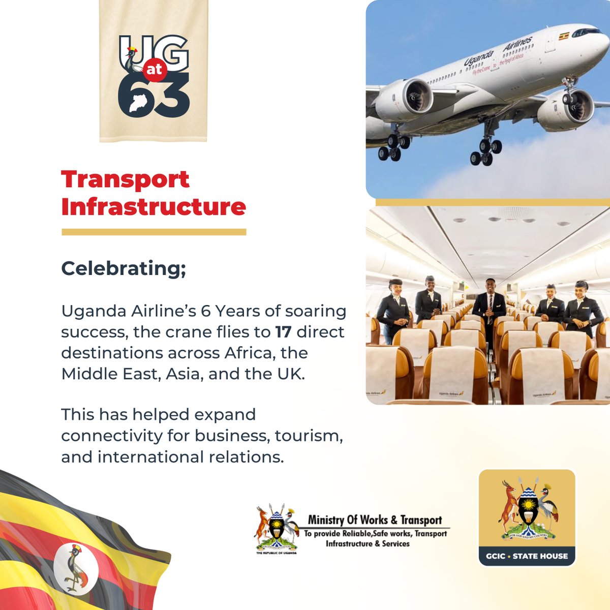 GovUganda's tweet photo. Uganda Airlines continues to strengthen the nation’s connectivity, linking Uganda to 17 international destinations and boosting business, tourism, and diplomacy.
#UGAt63 https://t.co/Gpa7XfJoUo