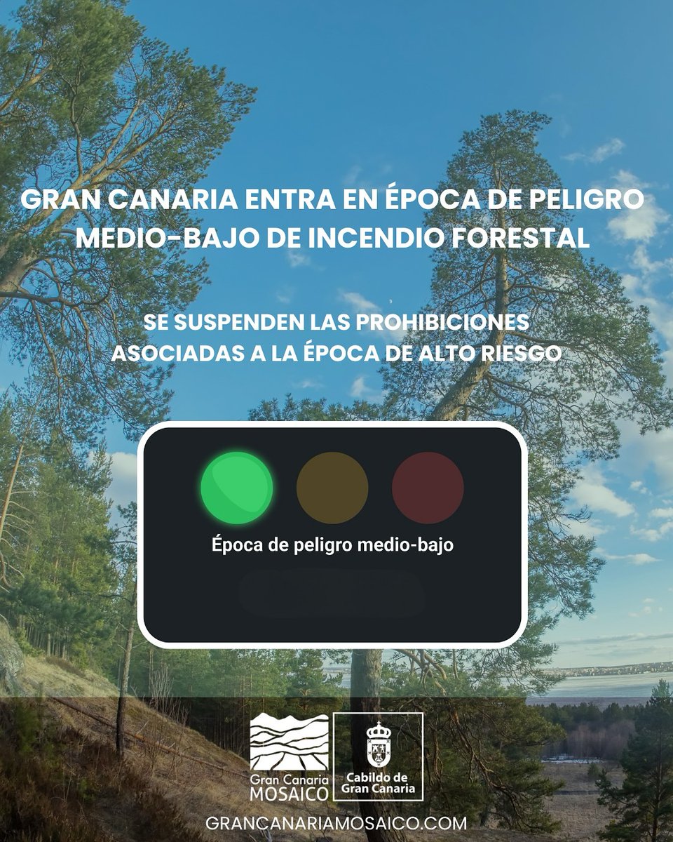 🔥 En Gran Canaria, comienza el riesgo medio-bajo de incendios. Se levantan restricciones, pero sigue la prevención.
✅ Quemas agrícolas con permiso.
✅ Barbacoas en zonas autorizadas.
✅ Se reactivan quemas prescritas.
+ info 👉 grancanariamosaico.com #GranCanaria <a href="/gcmosaico/">Gran Canaria Mosaico</a>