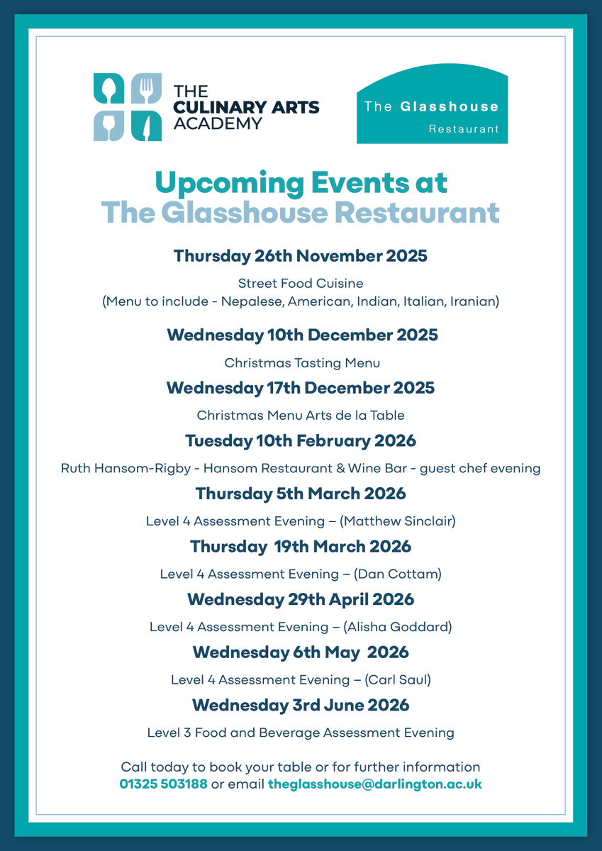 Darlingtonfe's tweet photo. Calling all foodies!
Darlington College’s Glasshouse Restaurant has updated its list of special event dates — including a very special Guest Chef Event on Tuesday 10 February, featuring Ruth Hansom-Rigby from Hansom Restaurant &amp; Wine Bar: https://t.co/fsDAKuIFEv https://t.co/cMzpxpqGzZ