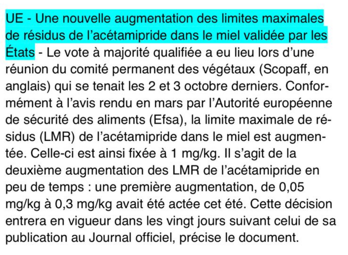 Pendant ce temps là pour la deuxième fois l’Europe 🇪🇺 augmente la limite des résidus d’acetamepride ….
De 0,05 à 1 mg/kg
Une pensée pour les idiots utiles 🇫🇷 des clauses miroirs 
<a href="/AnnieGenevard/">Annie Genevard</a> <a href="/MFesneau/">Marc Fesneau</a> <a href="/EmmanuelMacron/">Emmanuel Macron</a>