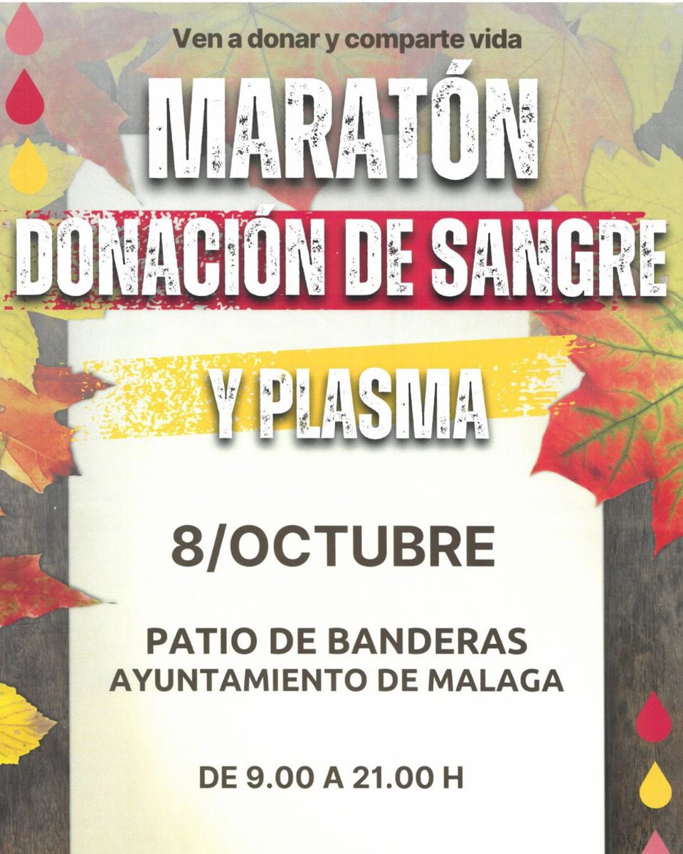 Hacemos un llamamiento al Maratón de donación de sangre que tendrá lugar mañana 8 de octubre en el ayuntamiento de <a href="/malaga/">Ciudad de Málaga</a> de 9:00 a 21:00 horas.

Aprovechad y haceos donantes de médula, Victoria y muchísimos niños más nos necesitan!

¡DONA SANGRE, DONA MÉDULA, DONA VIDA! ⚓️💚