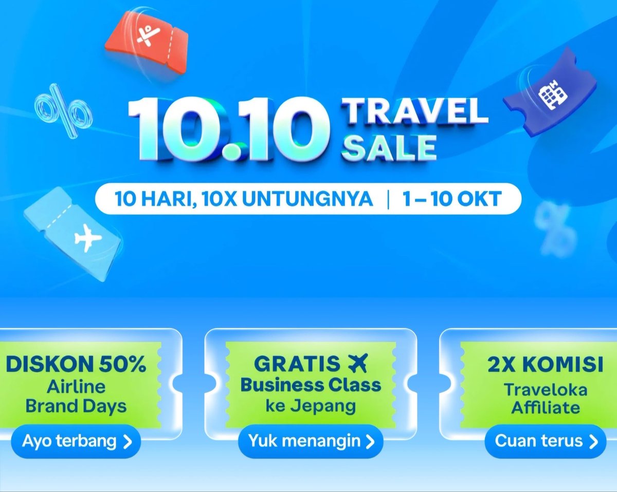 buat yg suka traveling nih cusss booking tiket skrg, mumpung ada promo di #Traveloka1010Sale🤏 dapetin diskon flash sale s.d Rp10jt setiap hari buat liburan seru. 10 Hari 10x Untungnya, periode promo 1-10 oktober 2025, lesgooo🔥
