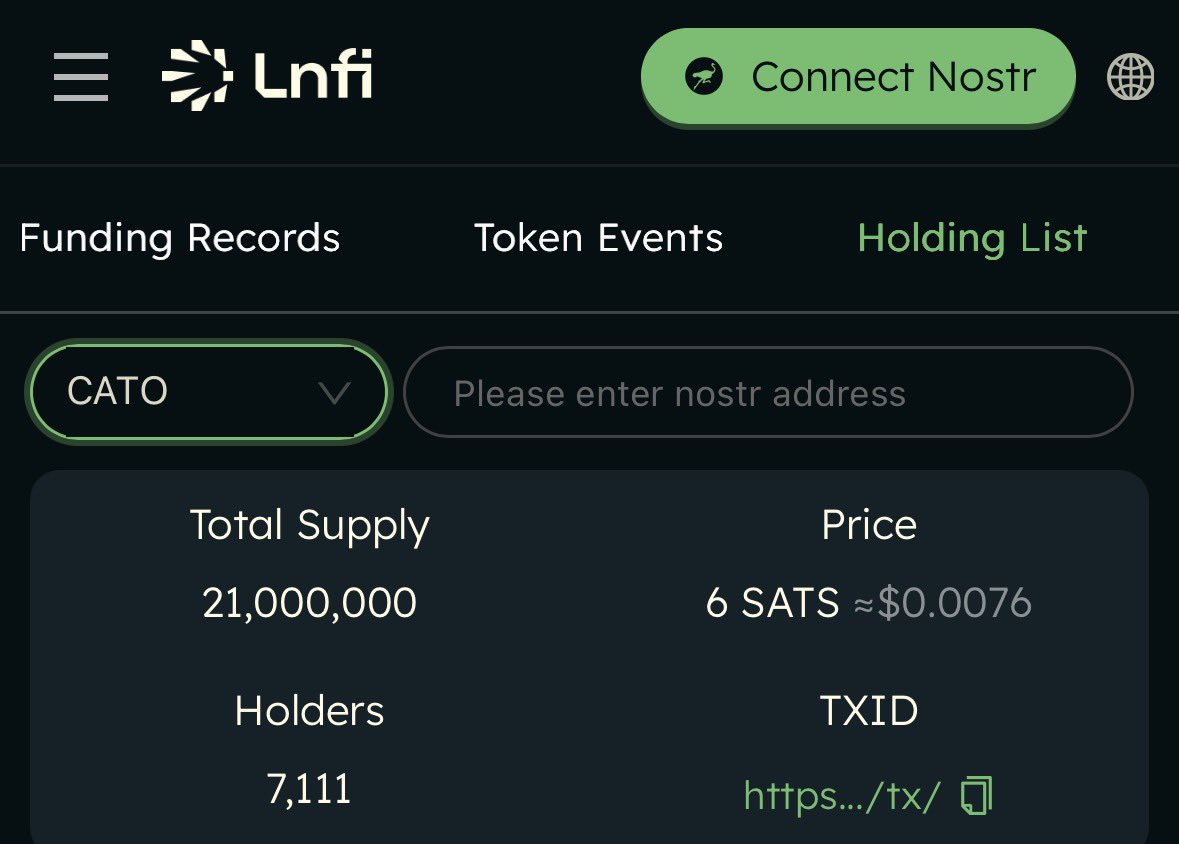 swisscryptocat's tweet image. Snapshot 📸 :
CATO -11% at ~6.2 sats.
Early #RGB is noisy; builders keep shipping.
If you missed the airdrop, this looks like an on-ramp, not an exit. ⚡️
#CATO #LNFI