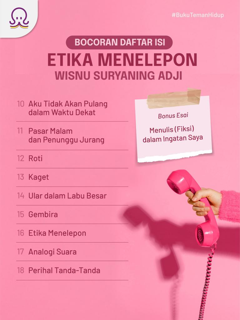 _MasWis's tweet photo. Bukan 100 halaman, bukan 150, bukan 200, "Etika Menelepon dan cerita-cerita lainnya" berisi ± 250 halaman dg 18 cerpen + 1 esai!

Cerpen kedua terpanjang adalah "Pasar Malam dan Penunggu Jurang"—cerpen ke-11—dg total ± 4250 kata. Tentang apa?

Tautan pemesanan di akhir utas >>> https://t.co/4pvGKpoRlQ