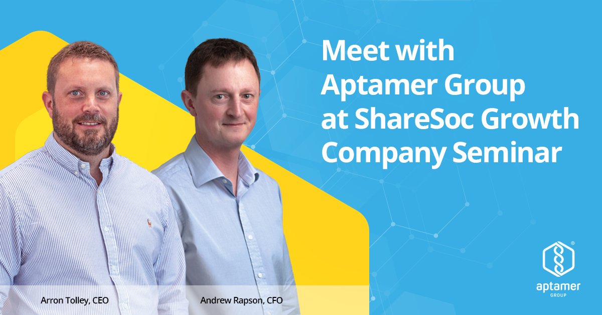 AptamerGroup's tweet photo. 📢 Aptamer Group will be at the ShareSoc Growth Company Seminar in Leeds tomorrow (8 Oct).
Our CEO, Arron Tolley, and CFO, Andrew Rapson, will share the latest on our Optimer® platform 🔬
🔗 Register: https://t.co/GK8ZuPuLL9
#APTA #IRChat #InvestorRelations https://t.co/hAGhGtoWUj