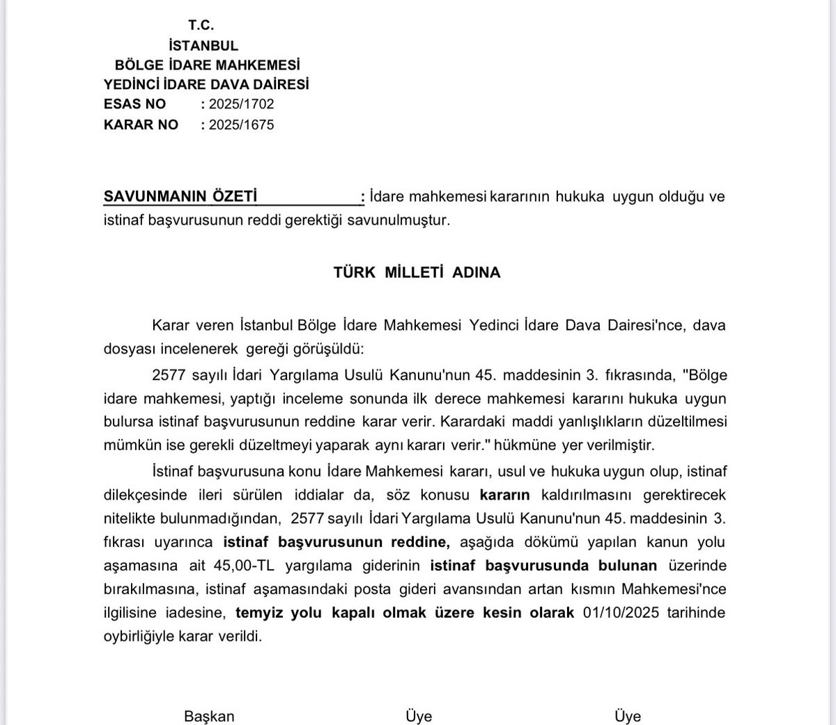 Boğaziçi Üniversitesi Öğretim Üyesi Prof. Dr. Tuna Tuğcu (<a href="/tuna_tugcu/">Tuna Tugcu</a>) hakkında verilen Kınama Cezası, İstanbul 8. İdare Mahkemesi tarafından iptal edilmişti. Bu karara karşı Boğaziçi Üniversitesi Rektörlüğü istinaf kanun yoluna başvurdu. 

İstanbul BİM 7. İdari Dava Dairesi