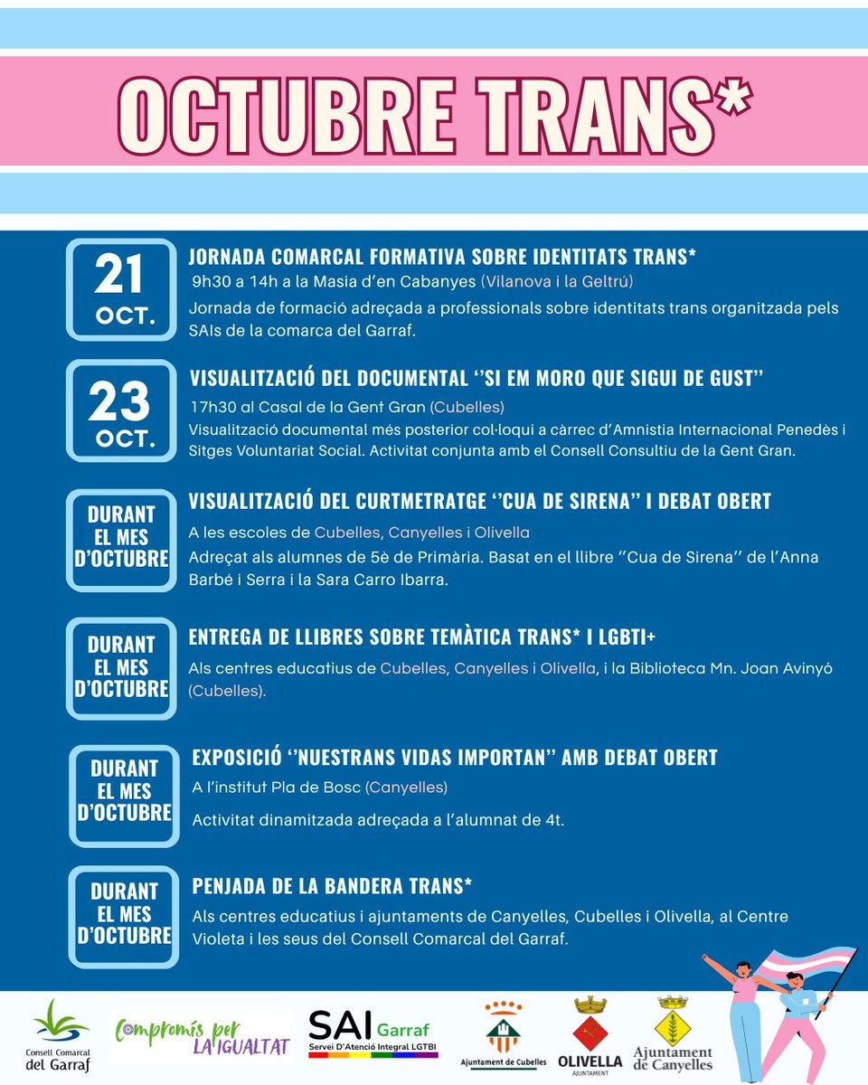 🌈​Amb motiu de la celebració de l’Octubre Trans*, els Serveis d’Atenció Integral a les persones LGTBI+ de la comarca han organitzat la jornada “Eines per una atenció inclusiva”. També s'han programat diverses activitats als municipis del Garraf 
ℹ️​ccgarraf.cat/actualitat/not…