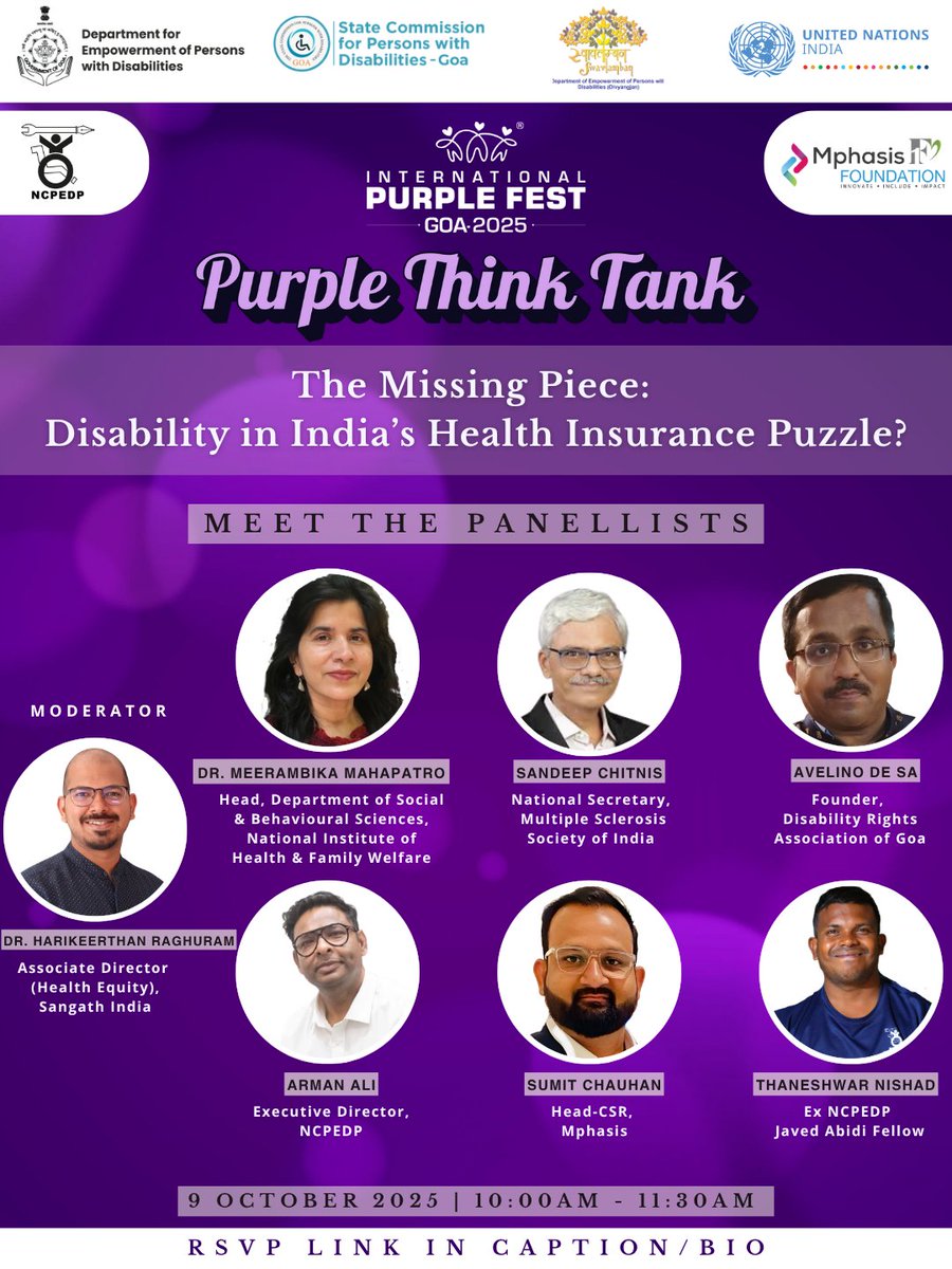 ncpedp_india's tweet image. At the Purple Think Tank during the International @purplefestgoa 2025, NCPEDP, with support from @Mphasis , will host the session “The Missing Piece: Disability in India’s Health Insurance Puzzle?” on 9 October 2025 from 10:00 AM to 11:30 AM.

The discussion will examine how the…
