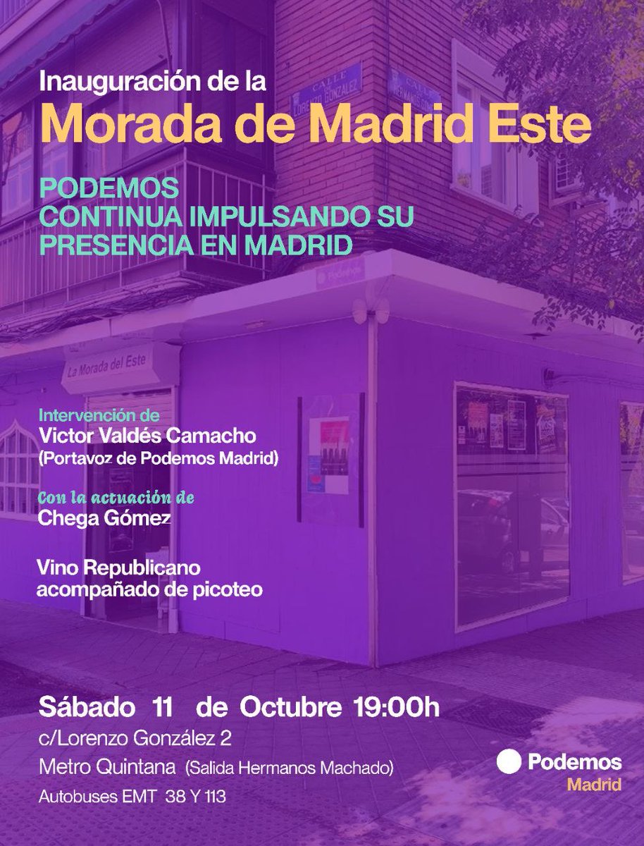 🏠🟣 Buenas noticias: Podemos Madrid continúa creciendo en los barrios.

Ven a conocer la Morada del Este de Madrid, nuevo espacio social, común y cooperativo de Podemos Madrid que albergará proyectos como la <a href="/la_lineal/">La Radio Morada de Ciudad Lineal</a> y punto de encuentro del vecindario.

Música, picoteo y