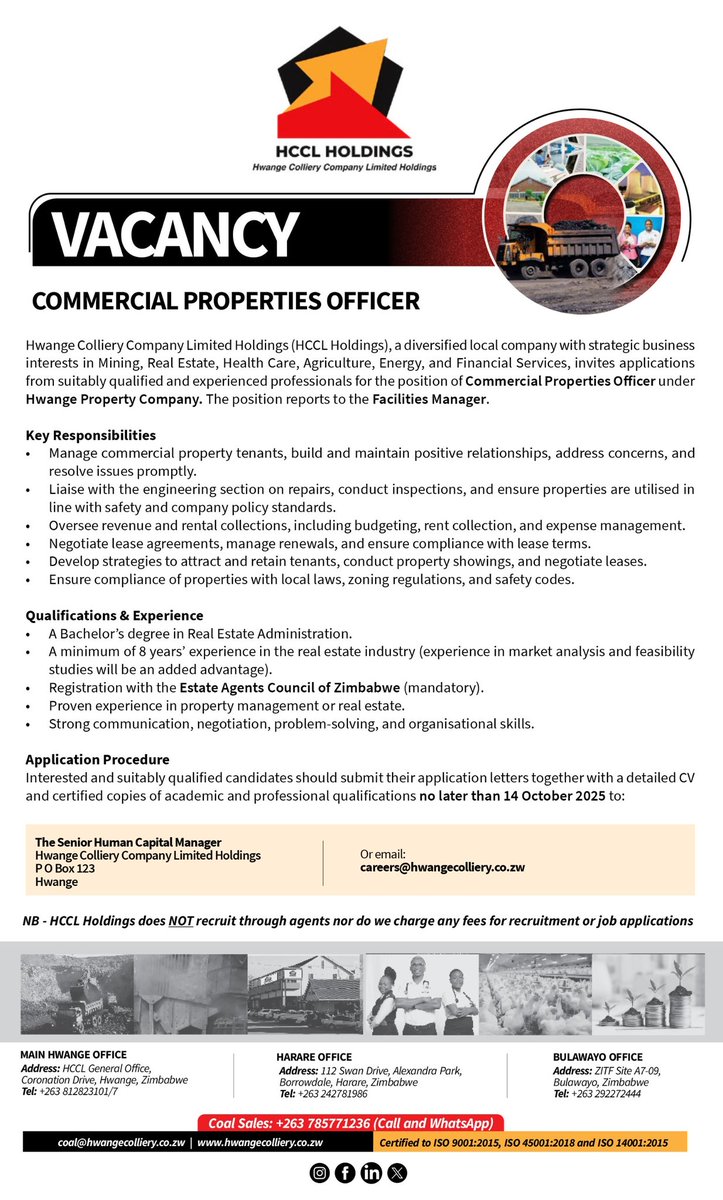 📢 We’re Hiring!  
If you’re passionate about real estate management, strategic property development, and stakeholder engagement, this is your opportunity to be part of a diversified organisation. 

🗓 Application Deadline: 14 Oct 2025 

📧 Apply to: careers@hwangecolliery.co.zw