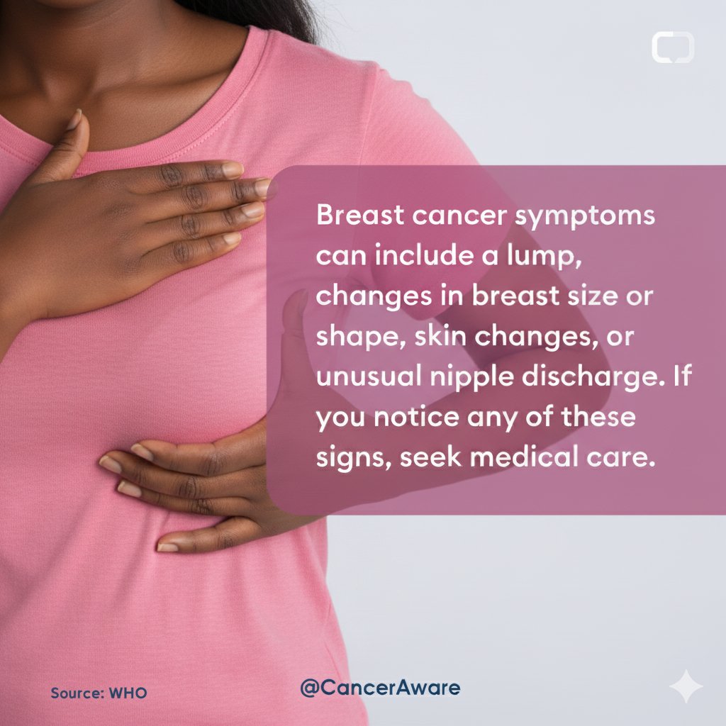 CancerAwareNG's tweet image. Breast cancer can show up in different ways.
A new lump.
Changes in size or shape.
Skin dimpling or puckering.
Nipple discharge or inversion.
These don’t always mean cancer but ensure you see a doctor if you notice anything unusual.
#CancerAwareAt10 #BreastCancerAwarenessMonth